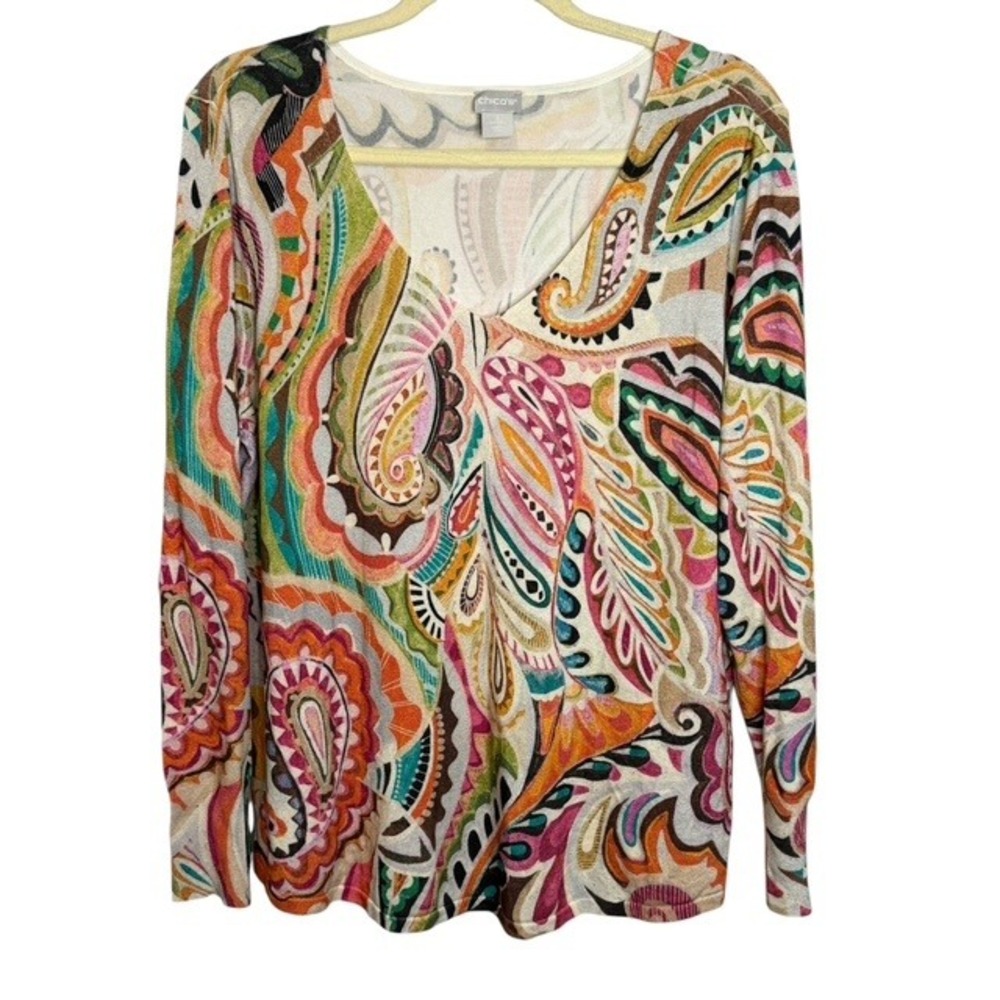 Chico's Sweater Women's Large Paisley V-Neck Lightweight Knit 70s Chicos 2